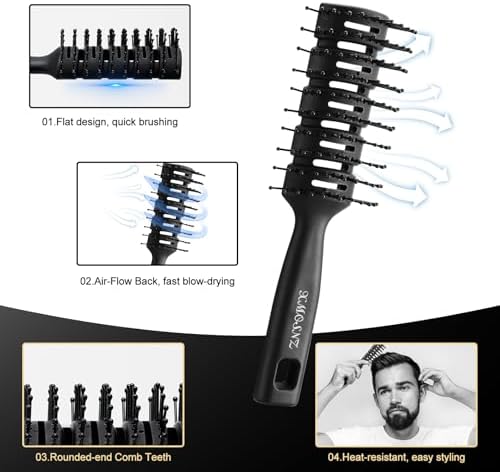 8pcs Hair Comb for Men Curly Hair Brush, Quiff Roller Brush for Adding Volume, Vent Brush Texture Comb Men Styling Comb Wide Tooth Design for Unique Styles at Salon or Home - Image 3