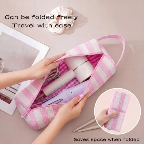 RSRSLEII Striped Hair Tools Travel Bag, Portable&Foldable, Pink&White - Image 4