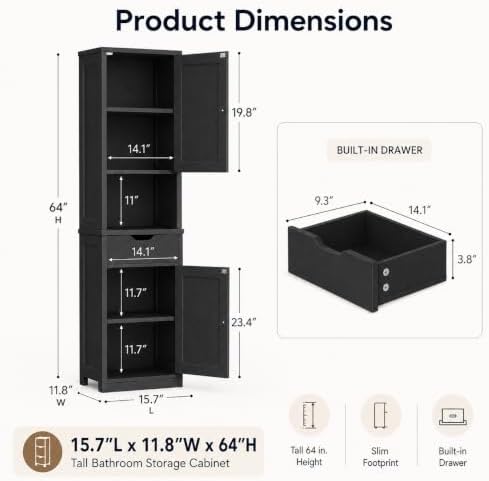 Walsunny Tall Bathroom Storage Cabinet with 6 Adjustable Shelves, Black - Image 2