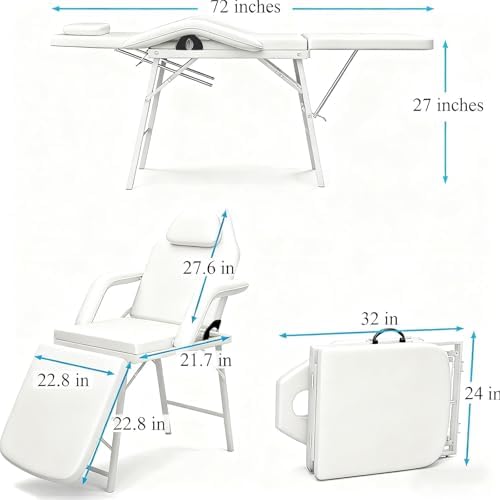 Portable Tattoo Chair, Foldable 73" Spa Facial Bed with Carry Bag, White - Image 2