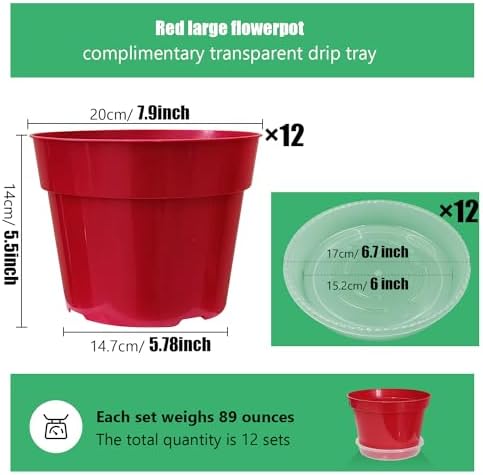 RooTrimmer 8 inch Plastic Flower Pots, Red Plant Pots 12Pack with Saucers for Indoor House Plants Growing and Decoration - Image 2