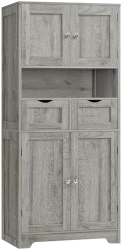 Iwell Tall Storage Cabinet with Adjustable Shelf, Bathroom Cabinet with 2 Drawers, Linen Cabinet for Living Room, Grey by IWELL