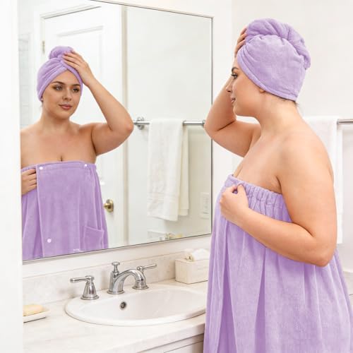 Women’s Plus Size Towel Wrap with Hair Towel (2XL-4XL), Oversized Shower Body Wrap Bathrobe, Soft Quick-Dry Hair Drying Towel for Spa Use Light Purple - Image 6