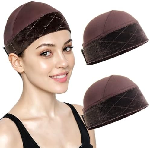 Wig Cap for Women Non Slip 2-in-1 Wig Grip Cap with Band Brown, 2 Packs by WUDASHAIR