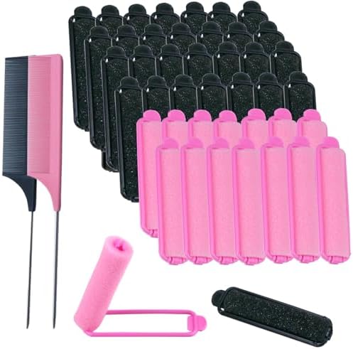 44 Pcs 0.59 Inch Foam Hair Roller Set with Rat Tail Combs, Pink Black by SHEHARUHI