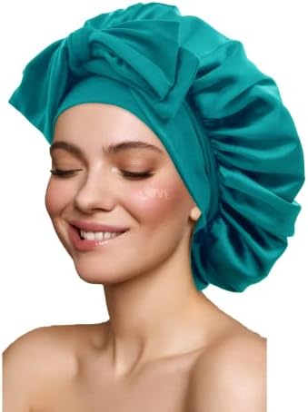 Satin Silk Hair Bonnet for Sleeping Large Bonnets with Tie Band Wrap with Adjustable Straps Night Sleep Caps for Women Curly Braid Hair Dark Turquoise by GiLi
