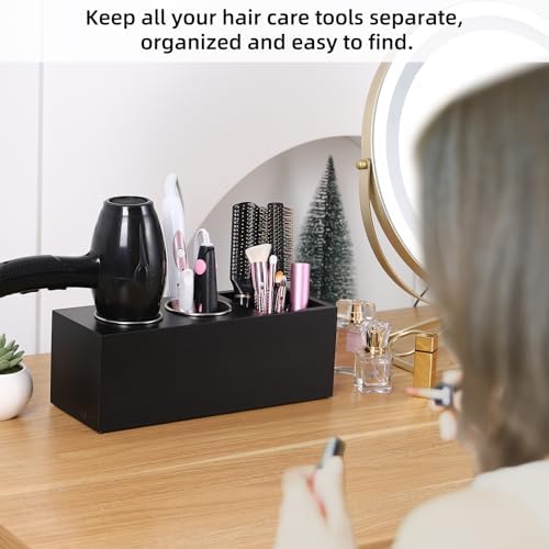 Hair Dryer Holder and Tool Organizer, Wood, Black - Image 3