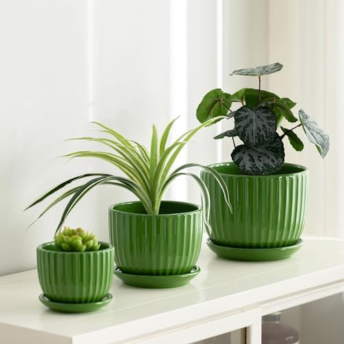 Green Plant Pots,Ceramic Planters with Drainage Holes & Saucers Set of 3 - Image 6