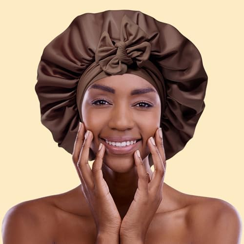 AWAYTR Satin Bonnet for Women, 2-Layer Large Sleep Cap with Adjustable Drawstring, Brown Includes 3 Hair Scrunchies - Image 6