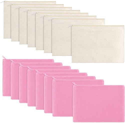 meekoo 16 Pcs Blank Canvas Zipper Pouch Pencil Bag Bulk, L, Beige and Pink by meekoo