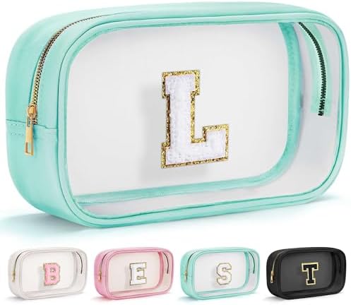 YOOLIFE Initial Make Up Bag Travel Toiletry Bag, Clear Makeup Bag Preppy Cosmetic Bags Organizer Travel Essentials Gifts for Women Teen Girlfriend Teacher Mom Birthday Mothers Day Gifts Blue L by YOOLIFE