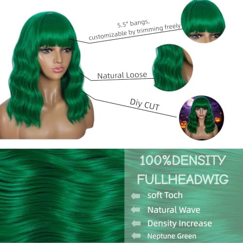 Sebast Pastel Bob Wigs with Bangs for Women Loose Wavy Wig Pastel Wavy Shoulder Length Bob Synthetic Cosplay Wig for Girl Colorful Costume Wigs (Neptune Green) - Image 5