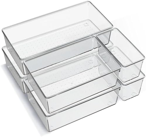 6 Pack Large Clear Plastic Drawer Organizer Trays, Acrylic Kitchen Drawer Organization and Storage Dividers, Non-Slip Storage Bins for Makeup, Kitchen Utensils, Bathroom, Jewelries and Office Desk by Criusia