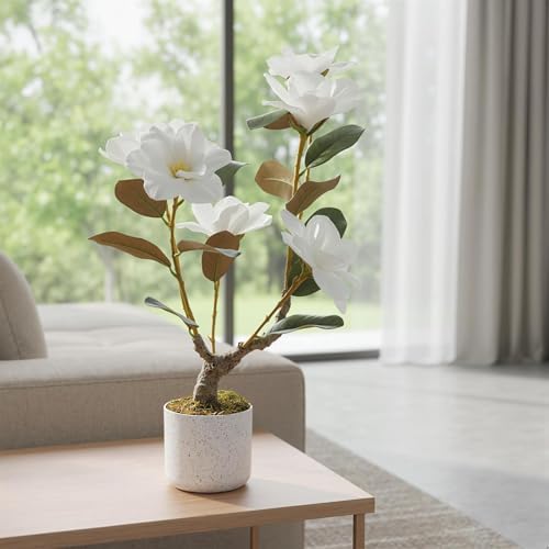 2FT Artificial Magnolia Tree with Pot, Faux Flower Tree with White Magnolia Blooms and Green Leaves, Potted Artificial Plant for Living Room, Bedroom, Office, Entryway, Store, Home Dector - Image 6