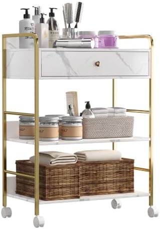Salon Rolling Trolley with Lockable Wheels Barber Cart with Storage Drawer Mobile Hair Station Cabinet for Beauty Makeup Esthetician Spa Massage (White Marble+one Drawer+Two Shelves) by NacheskidsFurniture