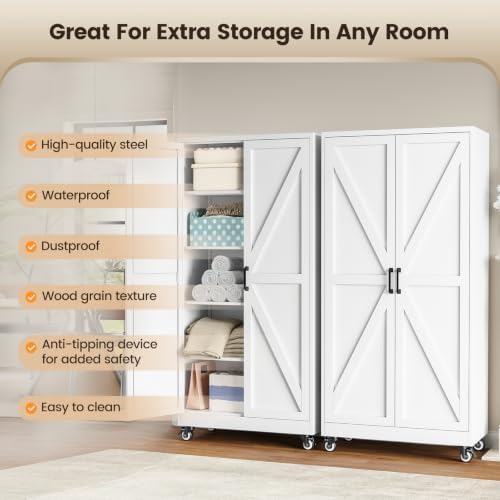 Yizosh 72"White Metal Pantry Storage Cabinet,Wheeled Garage Storage Cabinet - Image 5