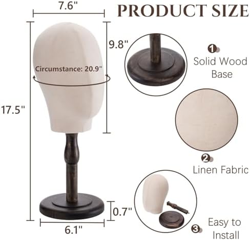 Peohud 21 Inch Mannequin Head, Canvas Wig Stand with Head, Linen Dome Model Head with Detachable Wood Stand for Hats, Caps, Headdress, Wig Making, Headband Display - Image 2