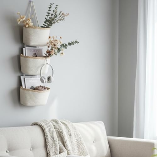 TeoKJ Over the Door Hanging Storage Basket Wall Organizer White&Light Brown - Image 4