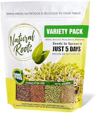 Variety Pack Sprouting Seeds. One Pound. Includes one Pack of Broccoli, Alfalfa, Radish & Mung Beans. for Sprouts and Microgreens. Non-GMO. Seeds for Jar or Trays. Each Pack is a Quarter Pound by NaturalRoots