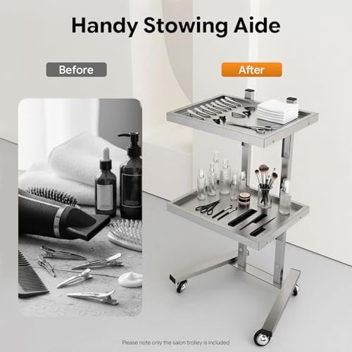 2 Tier Metal Rolling Cart, Stainless Steel Salon Tray with Wheels, Foldable Utility Carts, Folding Salon Tray Trolley for Tattoo (Silver) - Image 6