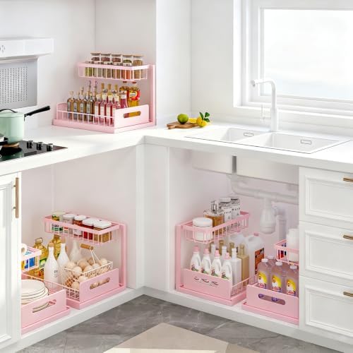 REALINN Pink Under Sink Organizer, 2 Tier Slide-Out Kitchen Cabinet Shelf - Image 5