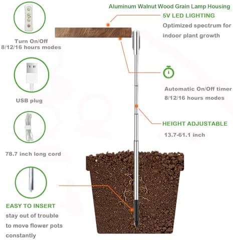 Plant Grow Light, LED Growing Light Full Spectrum for Indoor Plants,Aluminum Walnut Wood Grain Plant Lights,Height Adjustable, Automatic Timer, 5V Low Safe Voltage,Idea for Large Plant Light， - Image 4