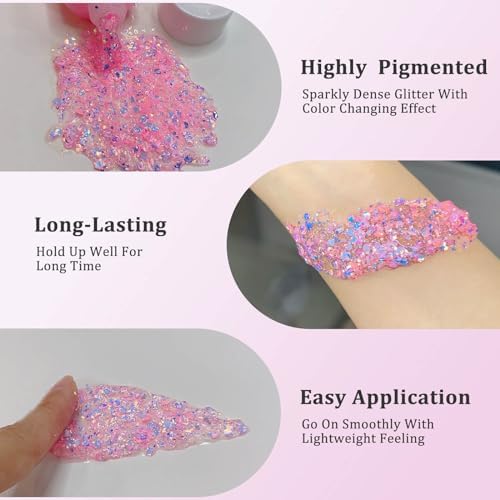 MEICOLY Chameleon Baby Pink Body Glitter,Pink Turn to Purple Face Glitter Paint,Holographic Color Changing Mermaid Hair Glitter Gel for Hair,Self-Adhesive Pink Halloween Glitter for Festival Party - Image 4