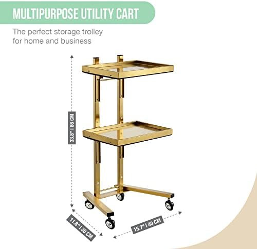 Multifunctional 2-Tray Utility Cart on Wheels - Gold 2-Level Medical Trolley Cart - Mobile Storage Tray Cart for Dental Tools, Cavitation Machine, Salon Supplies - Brass Foldable Storage Trays - Image 3