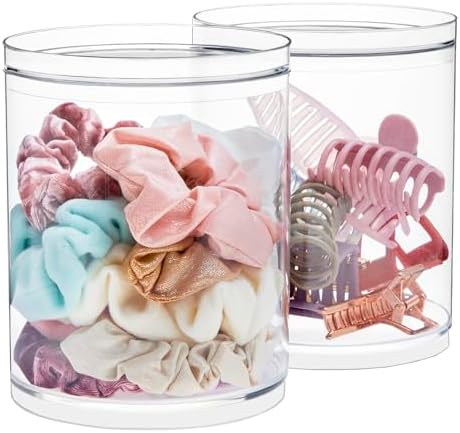 STORi Bella Tall Scrunchie Holder | Stackable Clear Plastic Container (Set of 2) Round Vanity Storage Organizers with Lids for Hair Accessories & Beauty Supplies | Made in USA by STORi