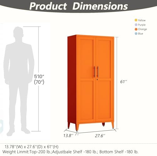 Metal Storage Cabinet with Lock,Orange Steel Tool Cabinet with 3 Adjustable Shelves,61 Tall Freestanding Heavy Duty Garage Locker for Home Office Kitchen 61" H X 27.6" W X 13.8" D - Image 2