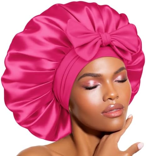 BONNET QUEEN XL Large Silk Like Bonnet for Sleeping for Curly Hair,Satin Bonnet with Adjustable Tie Band,Hot Pink by BonnetQueen