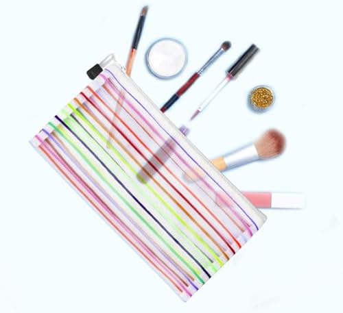 Mesh Bags with Zipper (6 Pack), Nylon Makeup Bag Cosmetic Pouches Travel Organizer Case for Purse Diaper Bag Home Organizing Striped Multi Size White - Image 2
