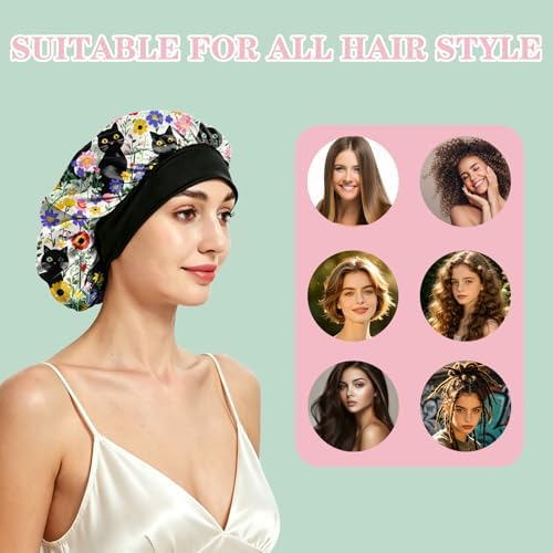 Satin Hair Braid Bonnet for Sleeping Double Layer Tie Band Elastic Wide Soft Silk Lined Nightcap Women Girls Cute - Image 4