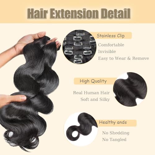 #1B Black Body Wave Clip ins Human Hair Extensions,18 Inch Soft and Real Human Hair 120g/7Pcs,Brazilian Remy Silky Natural Black Clip in Hair Extensions - Image 3