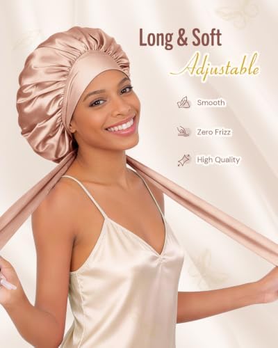 BONNET QUEEN Double Layer Silk Bonnet for Sleeping for Women Satin Lined Bonnet Night Cap for Curly Hair with Tie Band,Champagne - Image 3