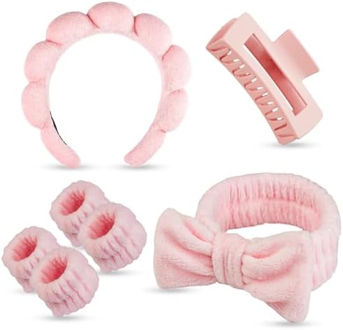 7 Pcs Spa Set, Facial Headband and Wristband Set, Skincare Accessories, College Style Girl Idea Gifts, Hair Accessories for Women and Girls (Pink) by Unknown