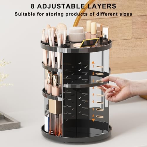 Rotating Makeup Organizer, DIY 8 Adjustable Layers Spinning Skincare Storage, Cosmetic Display Case with Brush Holder and Perfume Tray, Multi-Function Vanity Bathroom Countertop Organizer Black - Image 2