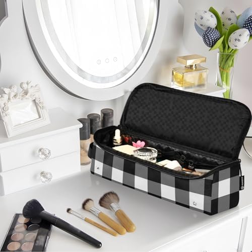 Black White Buffalo Plaid Hair Tools Travel Bag Carrying Case Portable Travel Organizer Pouch with Heat Resistant Mat for Curling Iron Flat Irons Hair Dryer - Image 7