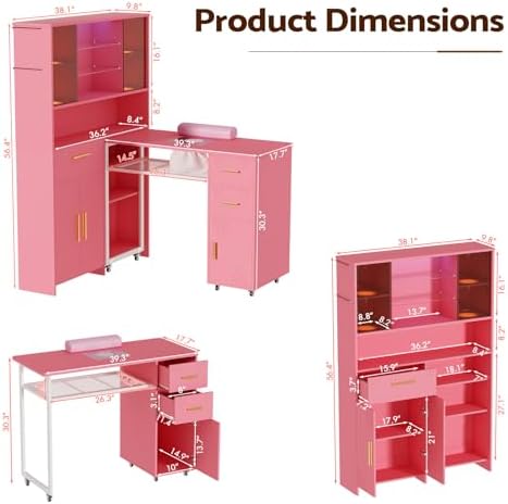 Manicure Table with Dust Collector and LED Display Cabinet (Pink) - Image 2