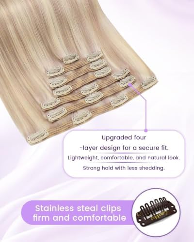 LaaVoo 150g Hair Extension Clips with Human Hair Ash Blonde 22 Inch - Image 3