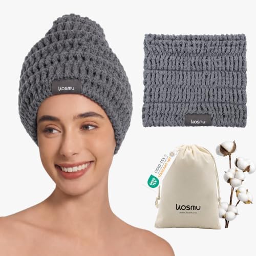 Luxury Organic Japanese Cotton Waffle Spa Headband for Women | Adjustable Towel Headband with Magic Tape | Makeup, Face Washing, Facial, Cosmetic & Skincare, Gift for Her Self-Care (Smoke Grey) by KOSMU