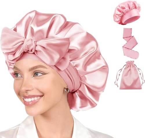 Womens Hair Bonnets Satin Bonnet for Sleeping Silk Bonnets Curly Hairs Braids Silky Sleep Caps with Long Soft Tie Band by WJingYiJia