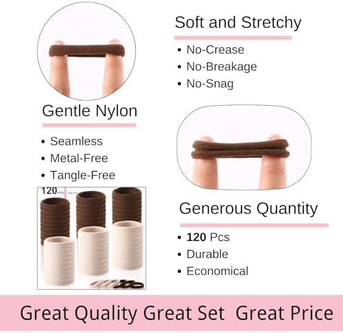 LuSeren 120 Pcs No Damage Thick Hair Ties, Large Soft Seamless Nylon Hair Elastics for Women, Ponytail Holders - Blonde & Brown - Image 3