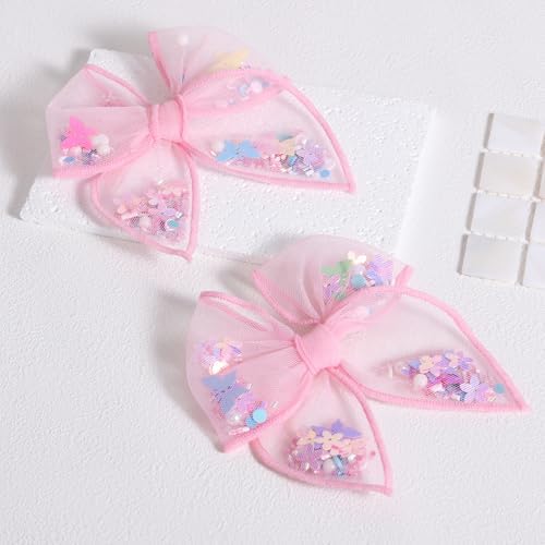 Floral Butterfly Fairy Hair Bow Clips 4" for Girls Women, 2pc Pink Mesh Tulle Shaker Fable Bow Alligator Hairpins, Spring Summer Birthday Wedding Party Dress Accessory Gift - Image 2