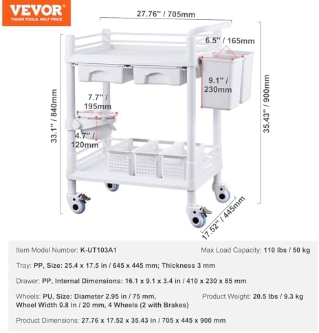 VEVOR Medical Mobile Trolley Cart with 2 Drawers & 3 Trash Cans, 2 Tiers Beauty Salon Rolling Trolley with 4 Silent Wheels & 2 Dirts Bucket & Bowl, Medical Utility Cart for Hospital Dental Clinic Lab - Image 7