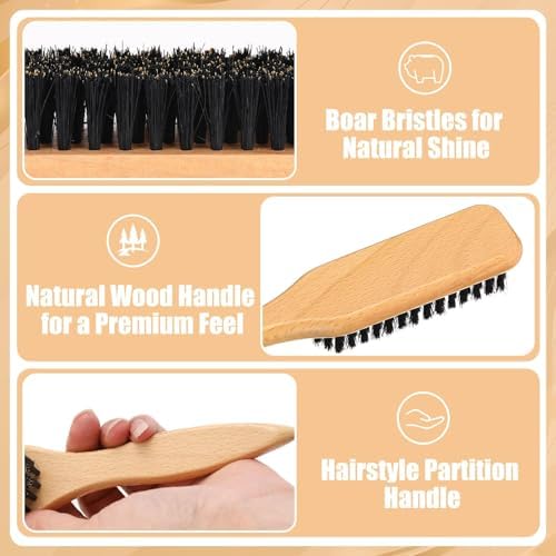 6PCS Boar Bristle Slick Back Hair Brush with Edge Brush Rat Tail Comb, Wide Tooth Comb for Men Women - Image 3