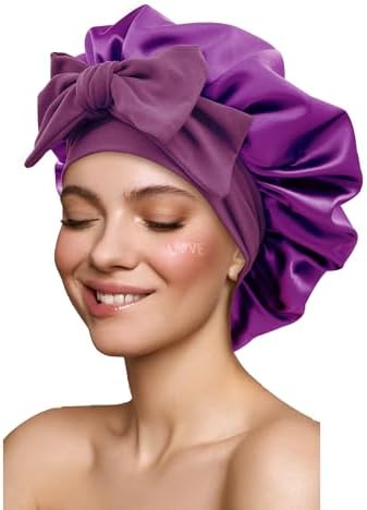 Satin Silk Hair Bonnet for Sleeping Large Bonnets with Tie Band Wrap with Adjustable Straps Night Sleep Caps for Women Curly Braid Hair Purple by GiLi