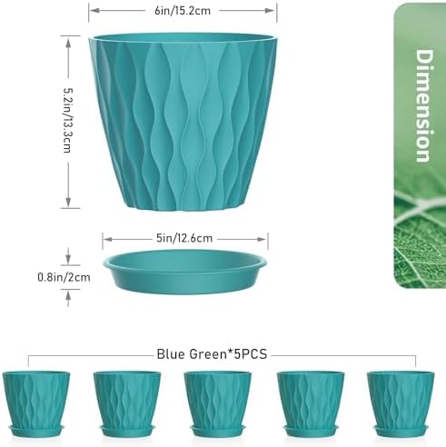 Meowell 6 inch Flower Pots, 5 Pack Plant Pots for Indoor Plants, Water Ripples Plastic Planters with Drainage Holes and Saucers, Nursery Pots for Small Succulent Garden House Plants, Blue Green - Image 2