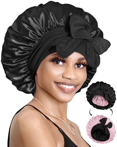 BONNET QUEEN Silk Bonnet for Sleeping Satin Bonnet with Tie Hair Wrap Double Layer Sleep Cap for Women Curly Hair, Black Pink by BonnetQueen