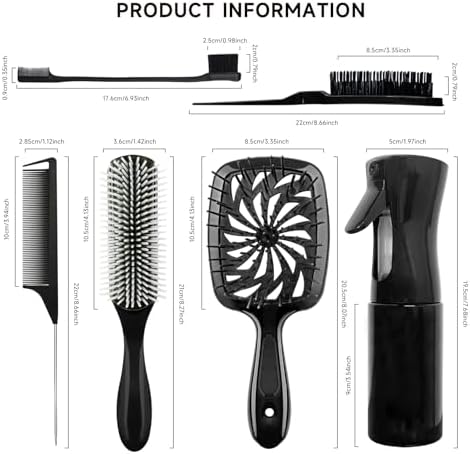11-Piece Hair Brush Set with Detangling Brush and Hair Spray Bottle, Black - Image 6